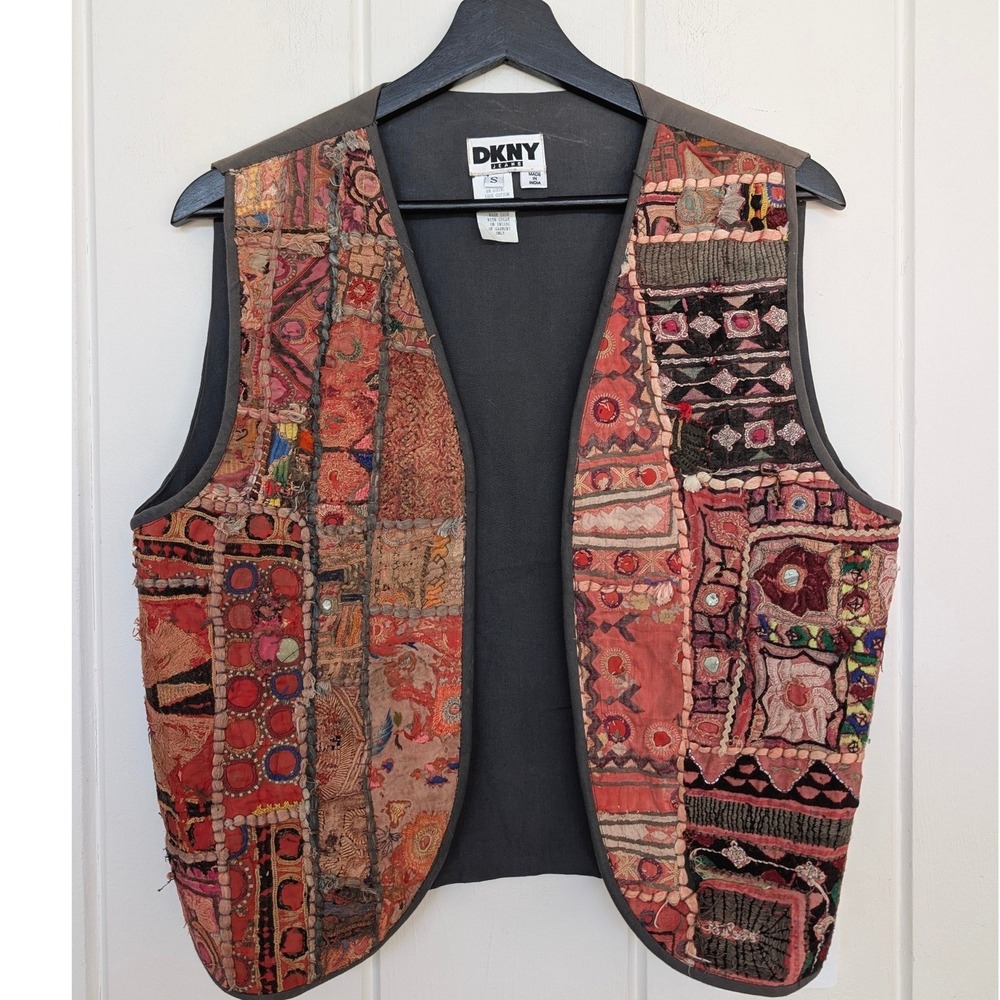 DKNY Jeans Patchwork Vest Embroidered Mirror Boho Open Front Small